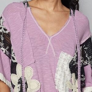 NEW POL Purple Black Floral Applique Hoodie